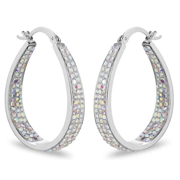 14K White Gold with Aurora Borealis Crystal U Shape French Lock Hoop Earrings - Picture 3 of 5